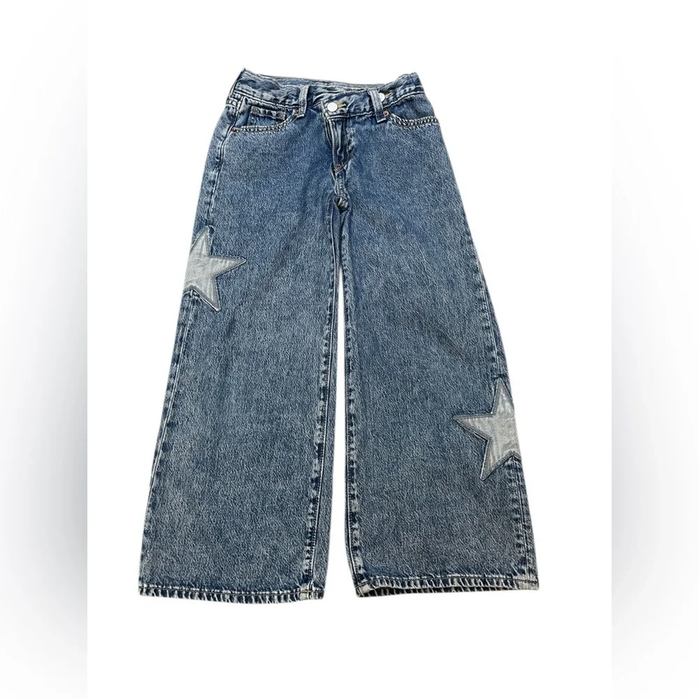 Old Navy High Rise Super Baggy Wide Leg Star Patch Denim Blue Jeans Girls size 8